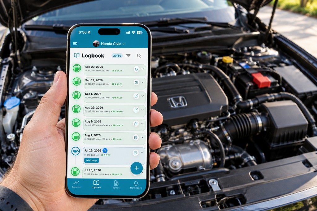 Phone showing Carmainty Logbook held in front of a car engine bay