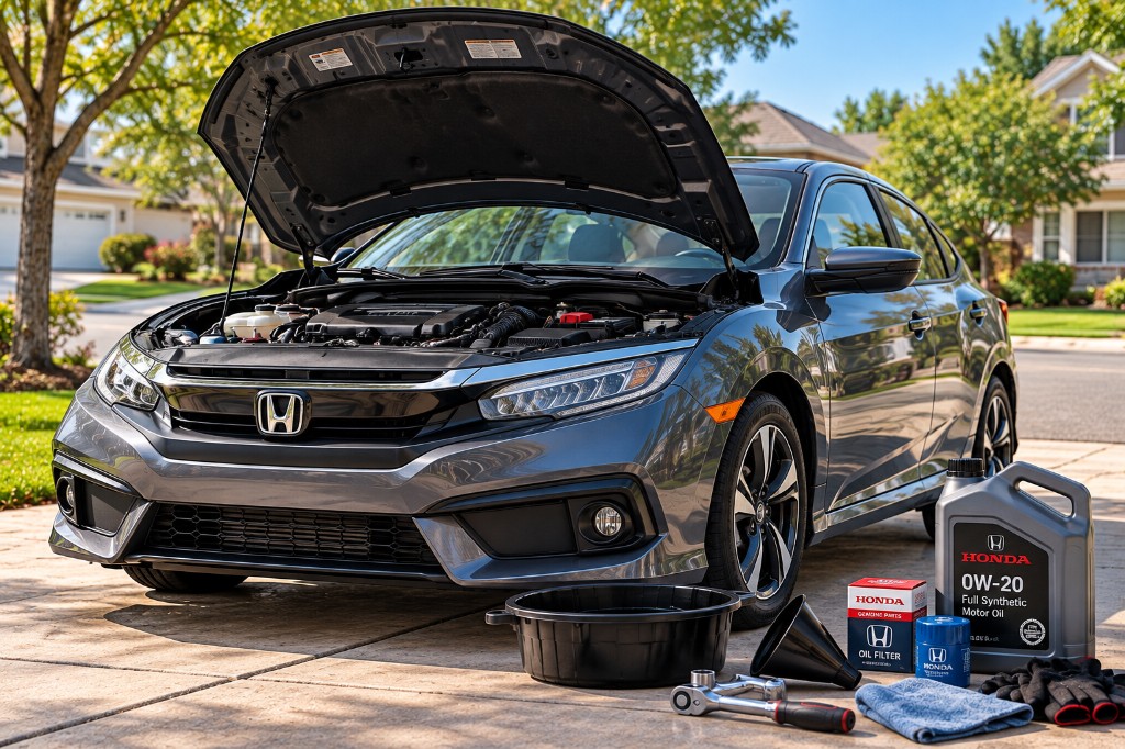 Grey Honda Civic with hood open and Honda Genuine 0W-20 oil, filter, and DIY oil-change tools on the driveway