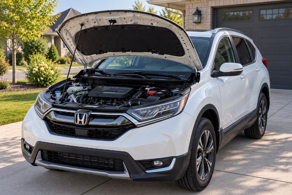 White 5th-gen Honda CR-V with hood open on a driveway, showing the Earth Dreams engine bay