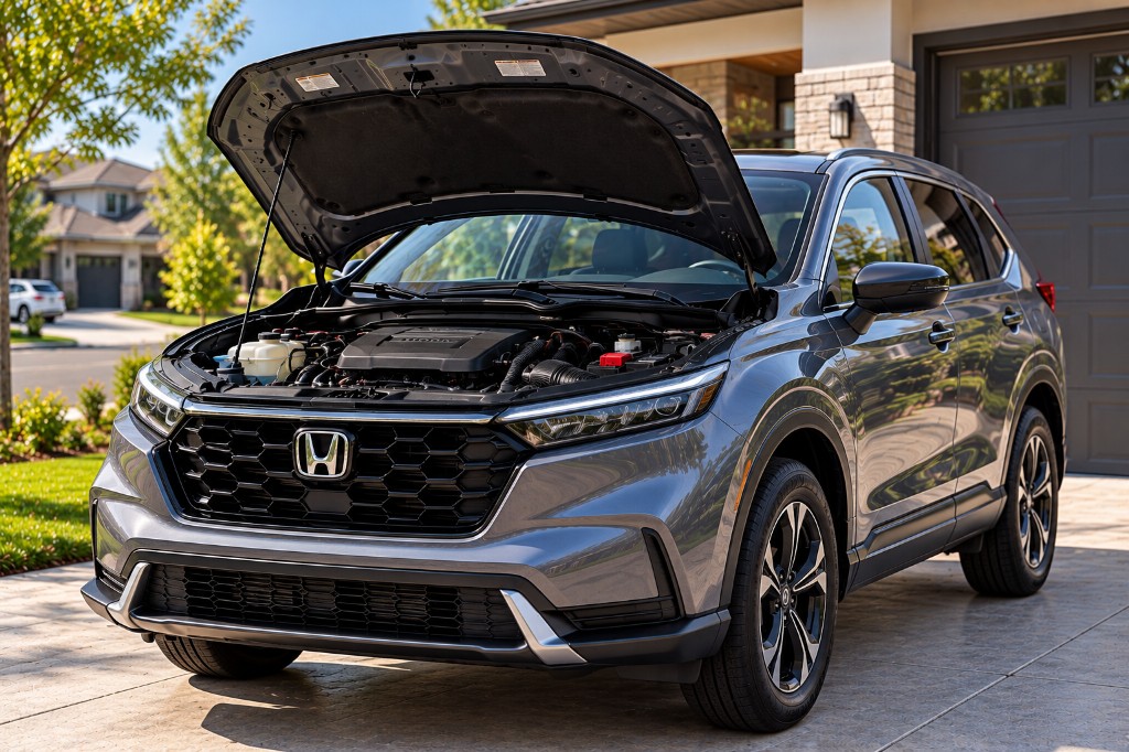 Grey Honda CR-V with hood open in a driveway, ready for maintenance