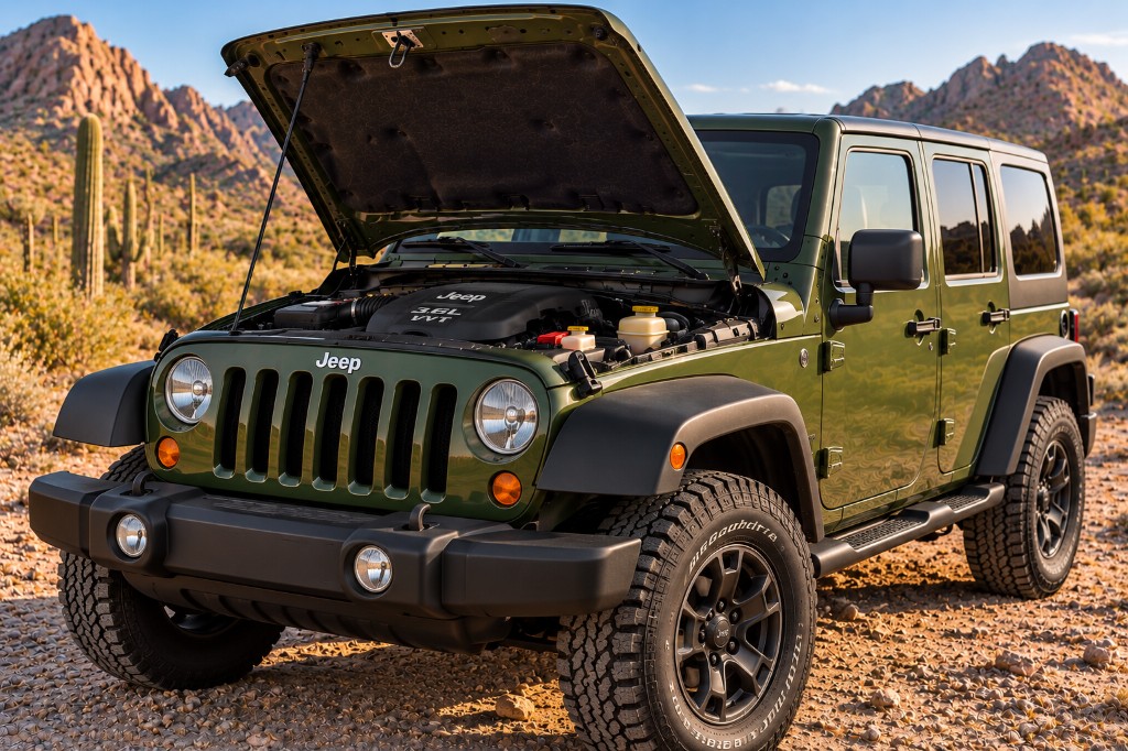 Olive green Jeep Wrangler JK Unlimited with hood open showing 3.6L VVT engine in a desert landscape