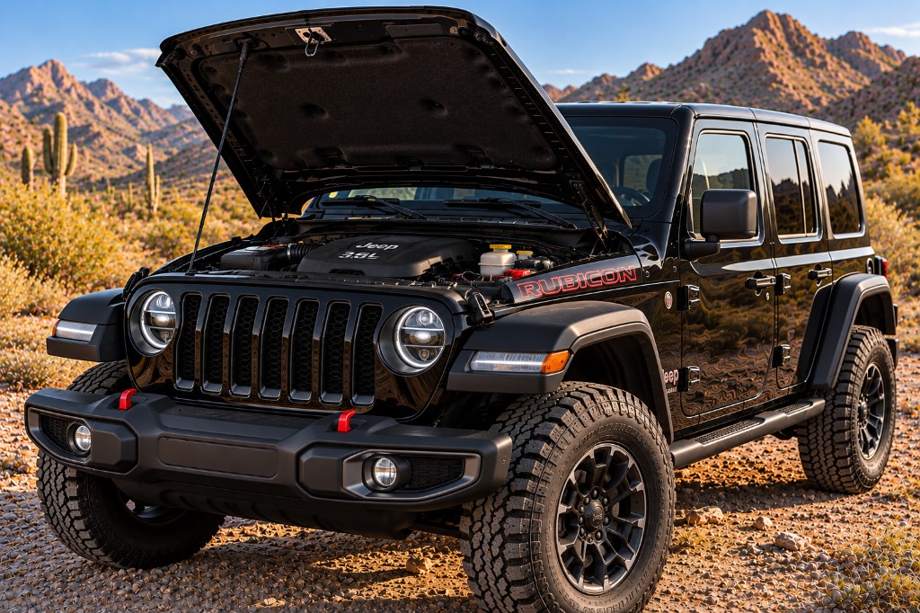 Black Jeep Wrangler JL Rubicon with hood open showing 3.6L engine in a desert landscape