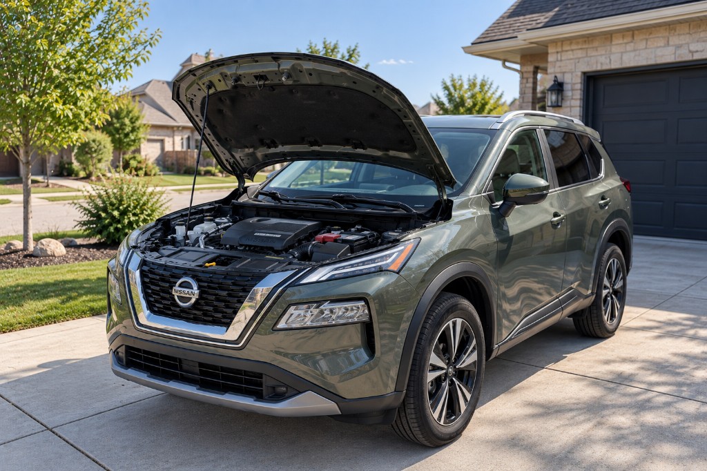 Olive green 3rd-gen Nissan Rogue with hood open on a suburban driveway, showing the engine bay