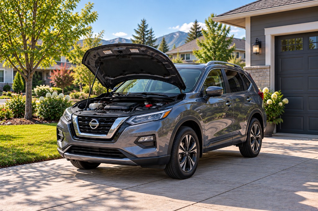 Silver Nissan Rogue with hood open on a driveway in front of a house