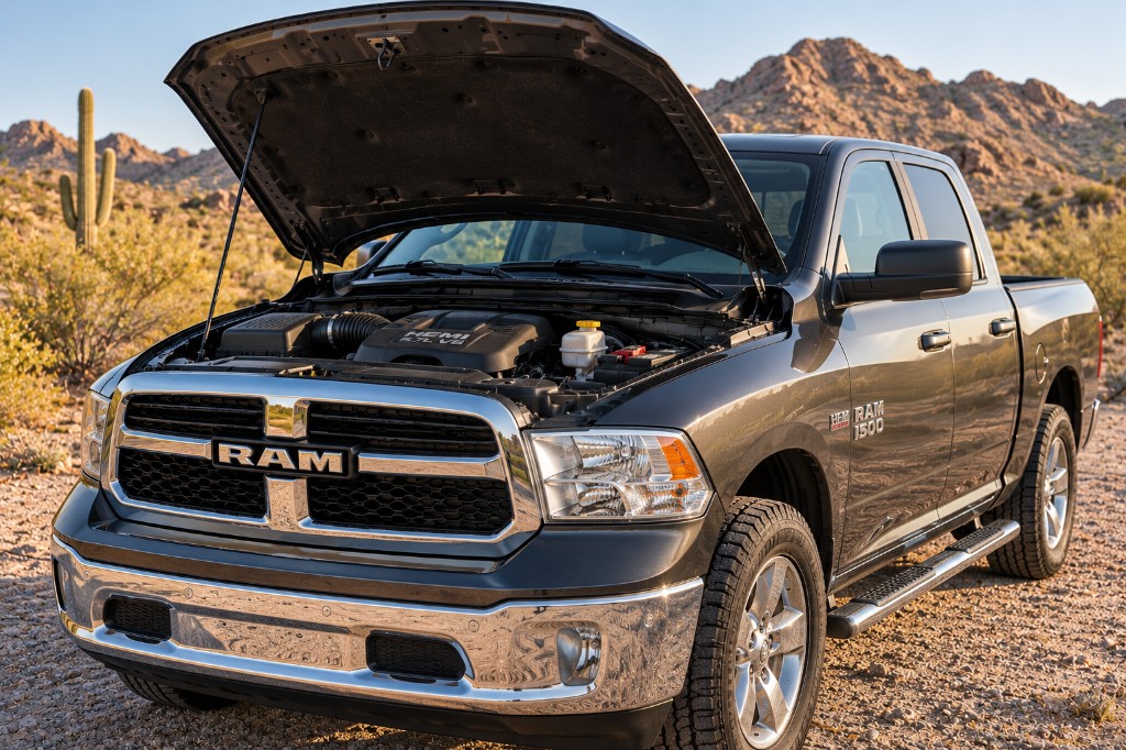 Charcoal Ram 1500 HEMI 5.7L crew cab with hood open in a desert setting, showing the engine bay