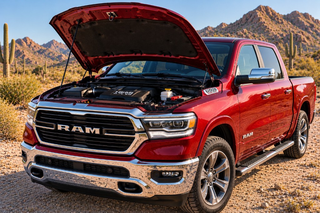 Red 4th-gen Ram 1500 HEMI 5.7L with hood open in a desert setting, showing the engine bay