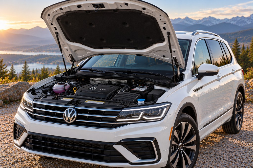 White second-generation Volkswagen Tiguan with hood open, showing the TSI engine bay